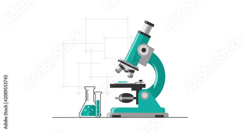 Illustration Of A Microscope And Laboratory Flasks For Scientific Research
