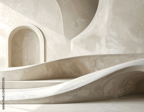 Sensory Plaster Minimalism: Serene minimalism abstract architectural composition with smooth plaster texture conveys peaceful, calm emotion in elegant modern style