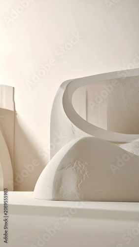 Sensory Plaster Minimalism: Calm sensory plaster minimalism abstract architectural composition features smooth texture sculpture detail on neutral cream background