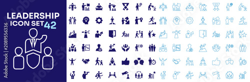 Leadership Icon Set in Filled and Outline Style Featuring Leader, Teamwork, Manager, Strategy, Handshake, Target, Award and Business Management Vector Collection.