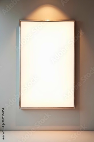 Artwork showing large rectangular illuminated panel with metallic frame emitting soft white glow mounted on wall with overhead lighting