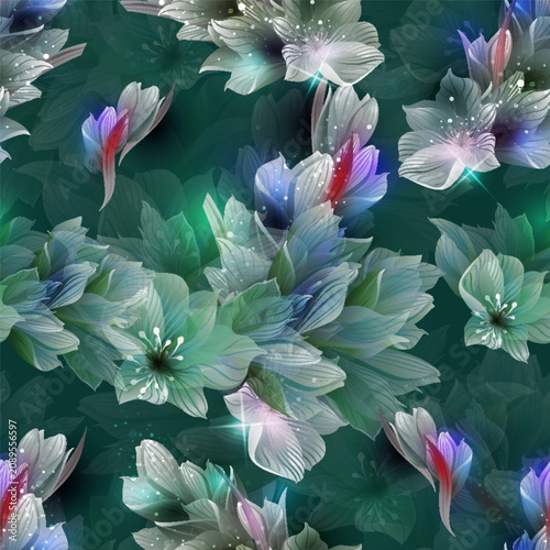 seamless pattern Abstract Neon Color Flower Background with Magic Sparkles and Light Effects