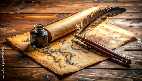 Vintage Quill Pen Inkwell and Old Map on Wooden Table.