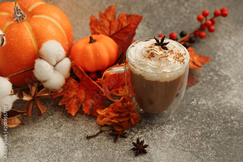 Enjoying a pumpkin spice latte with fall decorations and seasonal colors on a gray surface