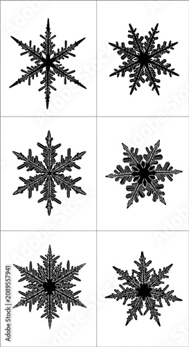 Black snowflake vector icons set, winter crystal silhouettes on white background, 6 decorative snow flake elements for Christmas design
