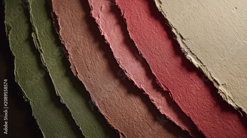 Textured Handmade Paper Swatches: A visually rich display of handmade paper swatches in earthy tones of green, brown, pink, and beige, showcasing their unique textures and ragged edges.