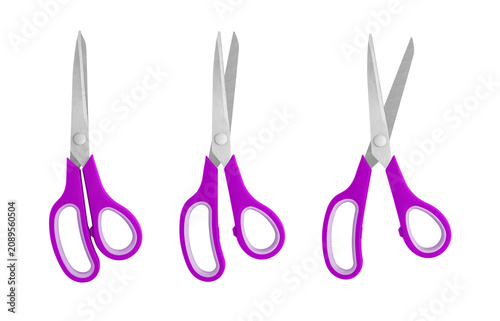 A set of Purple handled scissors shown in closed, half-open, and open positions on a white background. Featuring sharp stainless steel blades and ergonomic grips