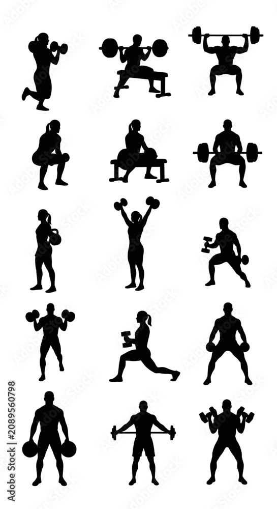 Obraz premium Gym workout silhouettes set, 15 fitness icons of people lifting weights and dumbbells, bodybuilding and strength training vector graphics