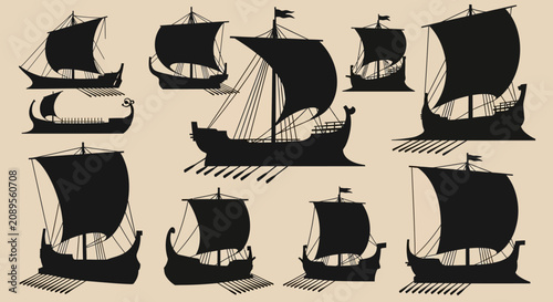 Ancient Greek galley ship silhouettes, set of 10 black trireme and dromon vessel icons, vintage Mediterranean naval fleet vector illustrations