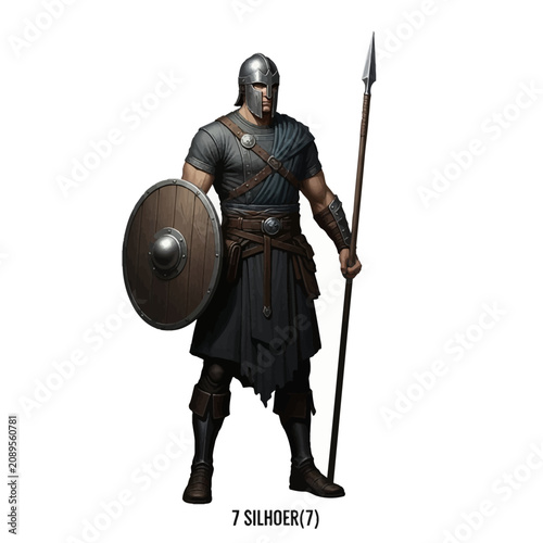 Medieval warrior character vector, ancient soldier with spear and shield, armored infantryman in helmet and tunic, historical fighter illustration