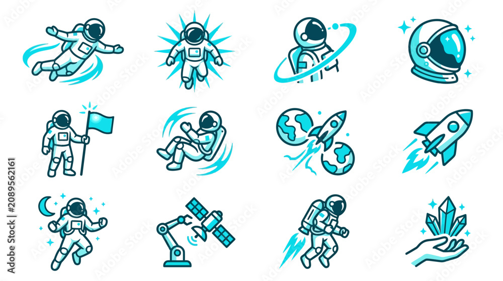Fototapeta premium Creative Space Themed Icons Featuring Astronauts and Space Exploration Elements in Blue and White