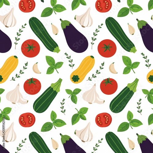 Minimalist seamless flat vector pattern featuring ratatouille vegetables and herbs, ideal for food packaging, textiles, kitchen branding, wallpaper, and Mediterranean culinary designs.