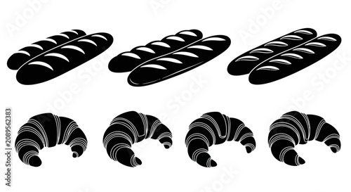 Minimalist black baguette and croissant silhouettes, set of French bakery bread icons, vector pastry illustrations for cafe menu branding