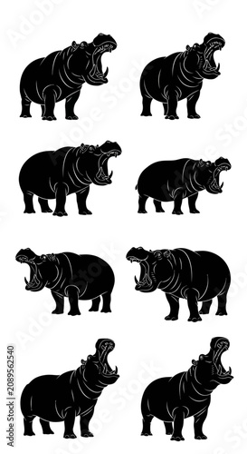 Hippopotamus silhouette vector set, black hippo animal icons with open mouths, wild african hippopotamus collection for nature logos and safari graphics