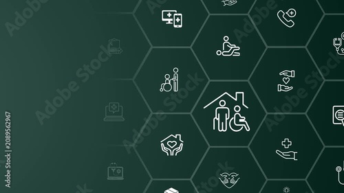 Elderly care concept on the colorful background. Surrounded by medical, rehabilitation service, nursing care for enhancing quality of life in elder age. Motion graphics of care idea. 4k video. 
