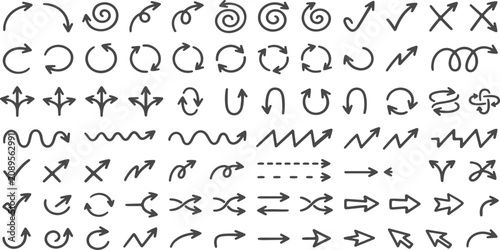 Black Arrow Icon Collection. Hand drawn directional symbols with circular, curved and navigation indicators. Vector style graphic set for interface design