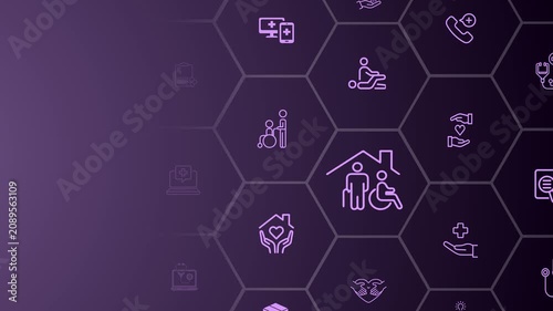 Elderly care concept on the colorful background. Surrounded by medical, rehabilitation service, nursing care for enhancing quality of life in elder age. Motion graphics of care idea. 4k video. 