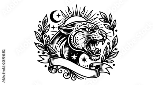 Photography Fierce Panther Head Emblem with Sun, Moon, Stars, and Banner