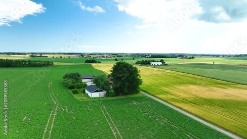Aerial view of a farm in a green field landscape