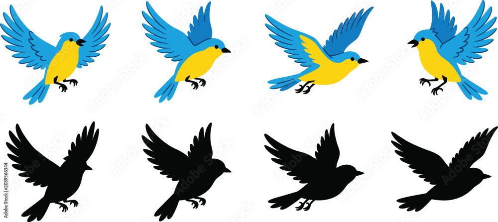 Fototapeta premium Flying blue bird vector illustration set, cute cartoon birds and black silhouettes icons
