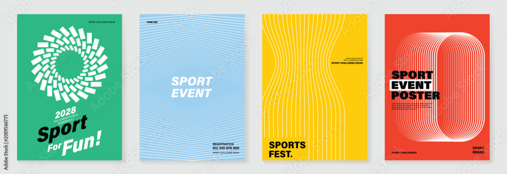 Obraz premium Running event poster templates set. Vector fun run marathon flyer designs with track line patterns, forward motion arrows, stripes and wavy backgrounds in Vibrant colors.