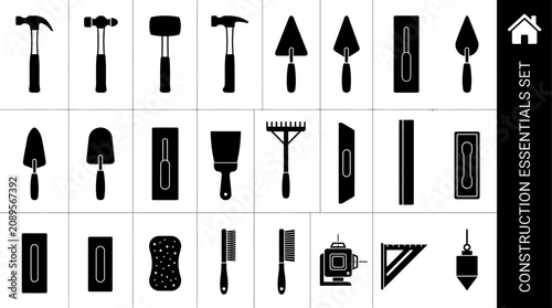 Comprehensive set of essential construction tools presented as a detailed black silhouette collection for professional building renovation work (12)