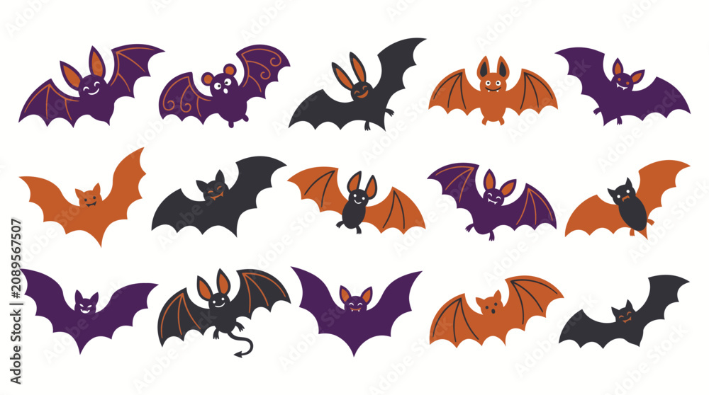 Fototapeta premium Colorful cartoon bats flying in groups