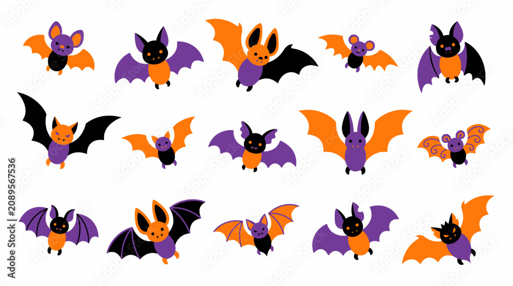 Fototapeta premium Cute cartoon bats with different faces flying
