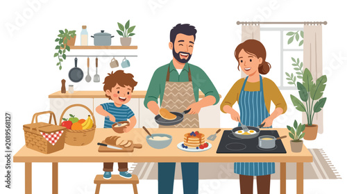 A cheerful family enjoys cooking a hearty breakfast together in their bright, cozy kitchen, featuring pancakes, eggs, and fresh fruit on the table.