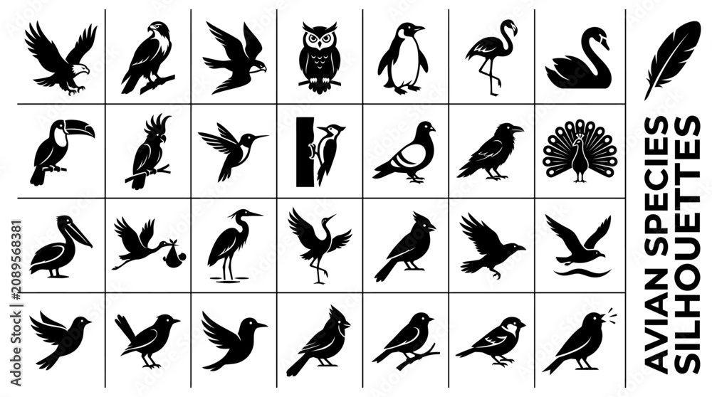 Fototapeta premium Diverse avian species silhouettes including eagle owl penguin and flamingo for graphic design