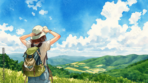 リュックを背負った女性が山歩きを楽しむ休日のハイキング風景イラスト素材向け背景、登山、ハイキング、トレッキング、バックパッカー、リュック、帽子、杖、山道、山岳、山並み、森林、草原、自然、風景、夏、晴天、雲、太陽、旅行、観光、アウトドア、レジャー、休日、冒険、爽快、開放感、健康、ウォーキング、女性、一人旅、絶景、遠景、背景、壁紙、ポスター、広告、バナー、アニメ風、水彩風、手描き、季節感、癒やし、素材