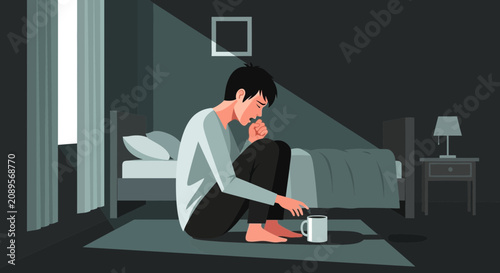 Illustration Depicting Sadness and Solitude Inside a Dimly Lit Bedroom Scene