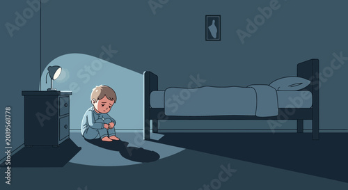 Illustration Of A Bed Room Where A Sad Child Sits On The Floor Looking Downcast In The Dark