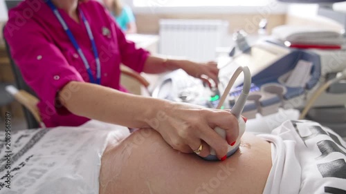 Healthcare professional performing a prenatal ultrasound scan during pregnancy.