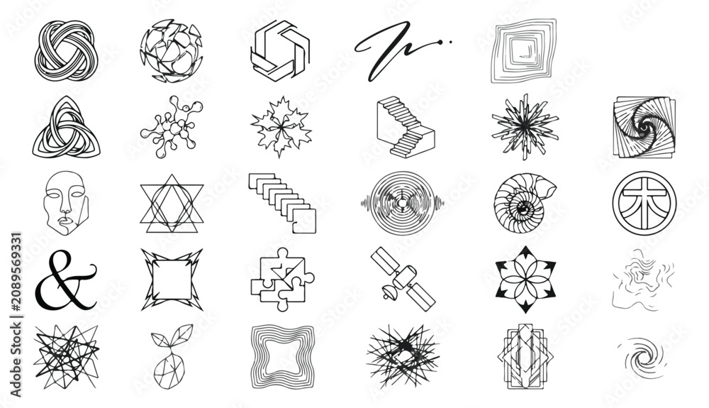 Fototapeta premium Minimalist geometric logo icons set, abstract black line art symbols, collection of 29 modern graphic design elements for corporate branding