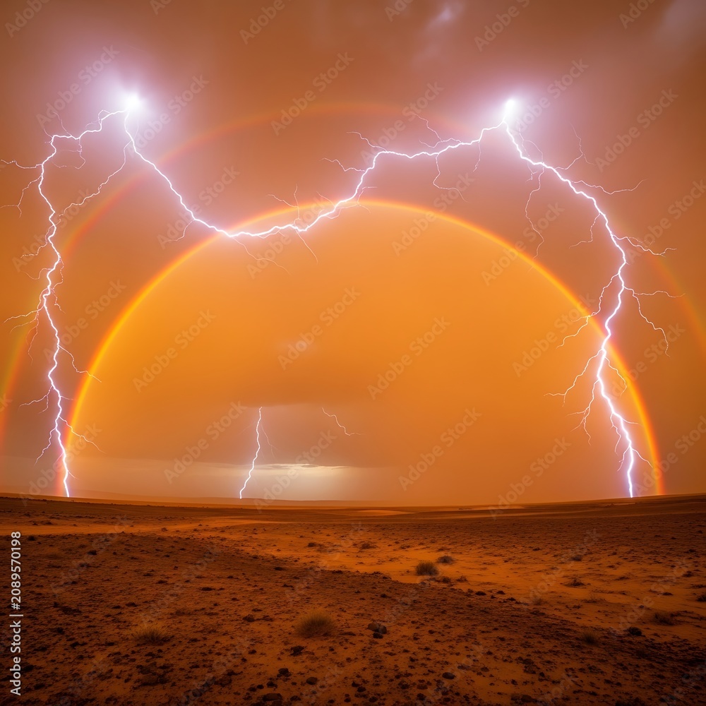 Fototapeta premium Dramatic Lightning Storm Illuminating Orange Desert Landscape at Night