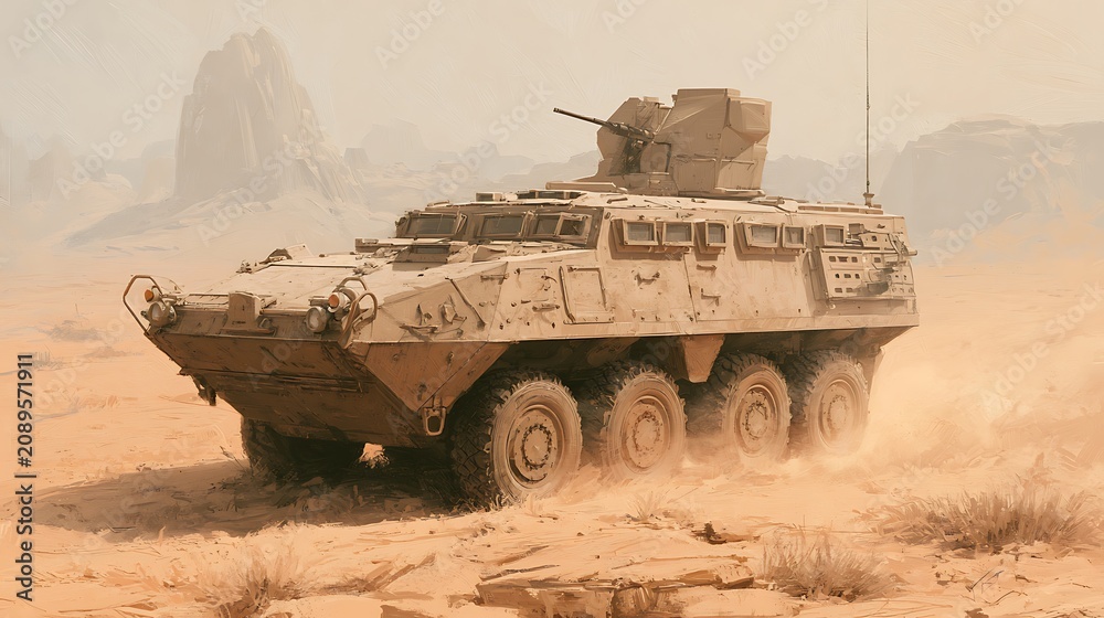 Fototapeta premium A heavily armored military vehicle drives across a dry desert landscape. Concept for modern warfare or tactical defense.