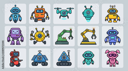 Schilderij op canvas Collection of cute robot icons