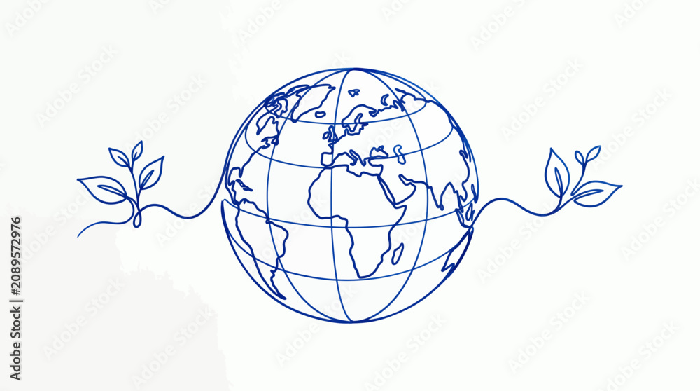 Fototapeta premium Minimalist one line drawing of a blue planet earth globe with growing green leaves on a white background, symbolizing environmental protection and representing sustainable development
