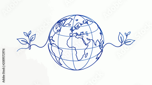 Minimalist one line drawing of a blue planet earth globe with growing green leaves on a white background, symbolizing environmental protection and representing sustainable development