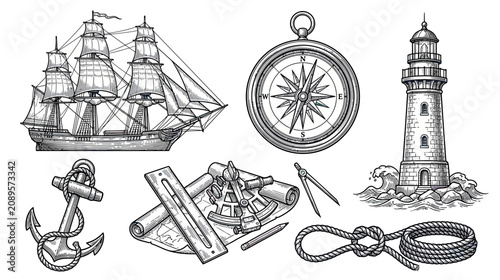 Картината върху платно Nautical Adventure Set: Tall Ship, Lighthouse, Compass, Anchor, Sextant, Rope