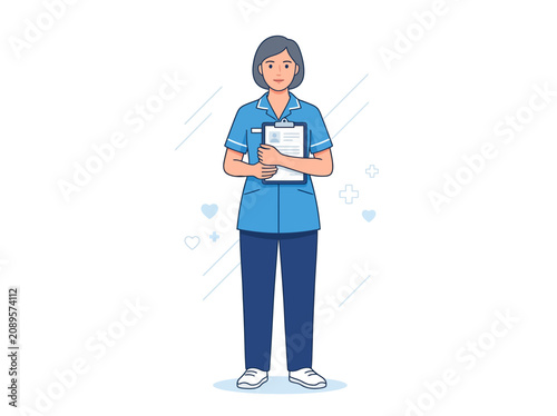 Illustrated Nurse Holding Clipboard In Blue Uniform With Medical Symbols