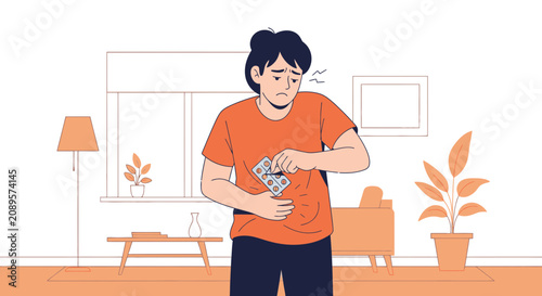 Illustrated Person Suffering Stomach Pain Preparing To Take Medication In Home Interior