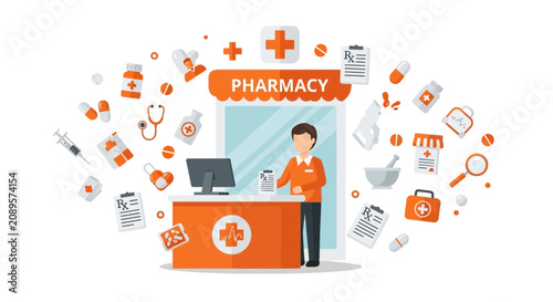 Illustrated Pharmacist Standing in Pharmacy with Medical Supplies and Prescription Symbols