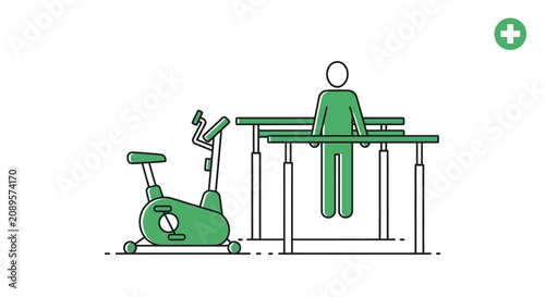 Illustrated Physical Therapy Session Depicting Bicycle and Parallel Bars Exercise