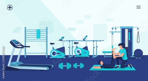 Illustrated Physical Therapy Session Depicting Rehabilitation Exercises In A Modern Clinic Setting