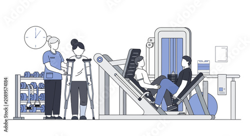 Illustrated Physical Therapy Session Depicting Rehabilitation And Exercise Activities