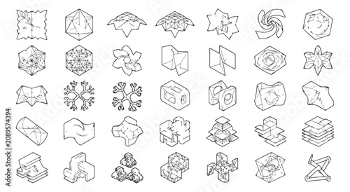 Isometric line art icons of paper folding and origami, 35 technical sketch symbols of crumpled paper and geometric shapes, black and white vector set