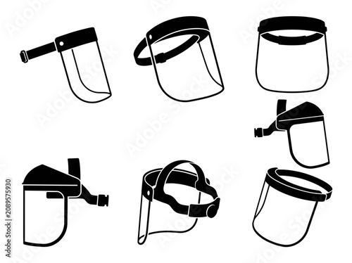vector Collection of various face shield designs for protection and safety in different industrial and medical applications Silhouette
