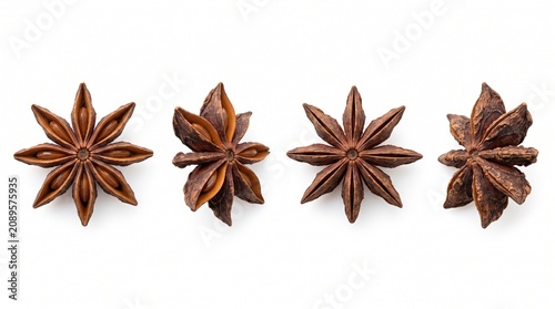 Star anise elements for gourmet cuisine, herbal products, holiday recipes and spice branding. Isolated on White background.